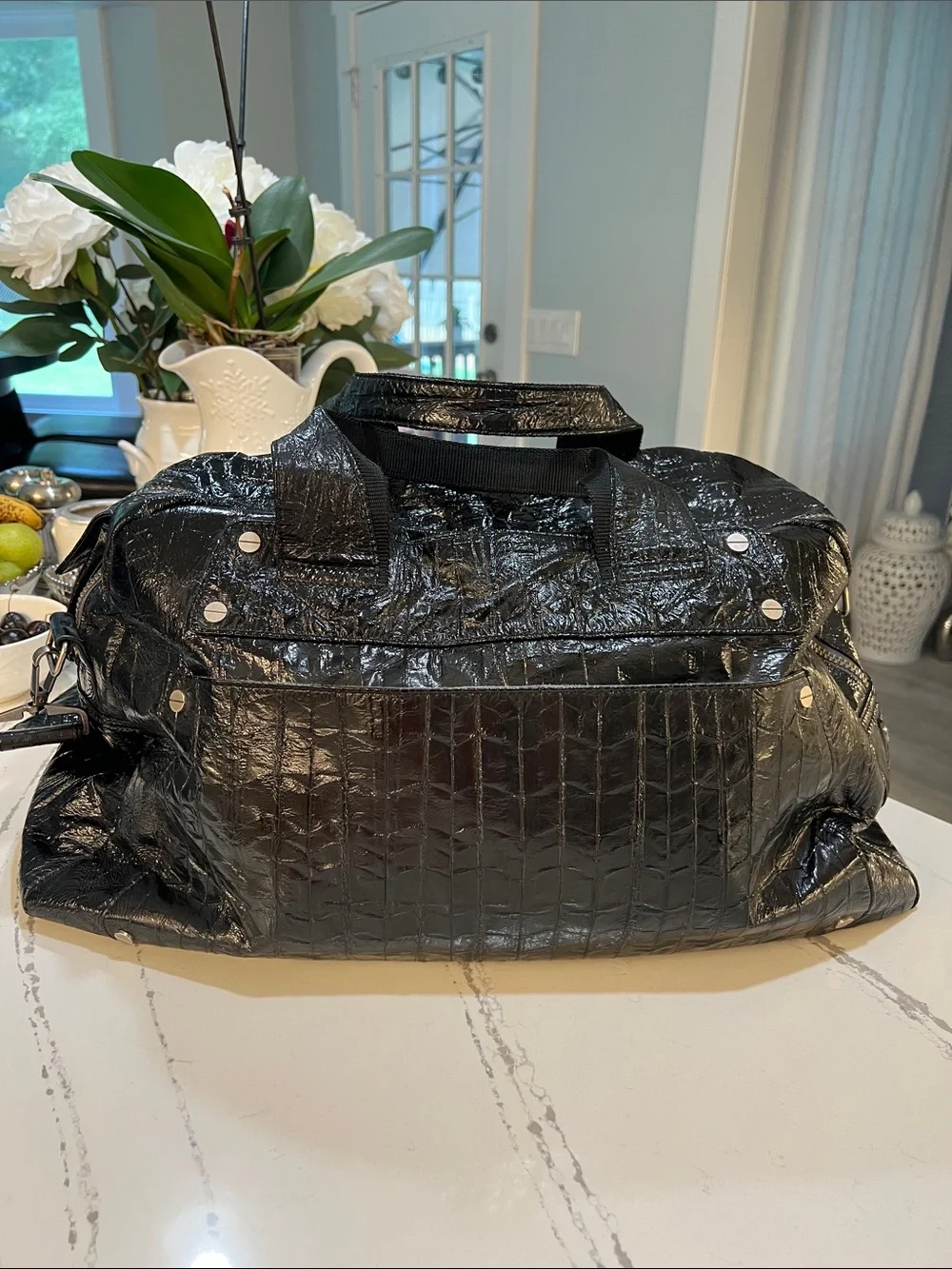 Matt & Nat Unisex Vegan Leather Black Glossy Textured Duffel W/Adjustable Strap